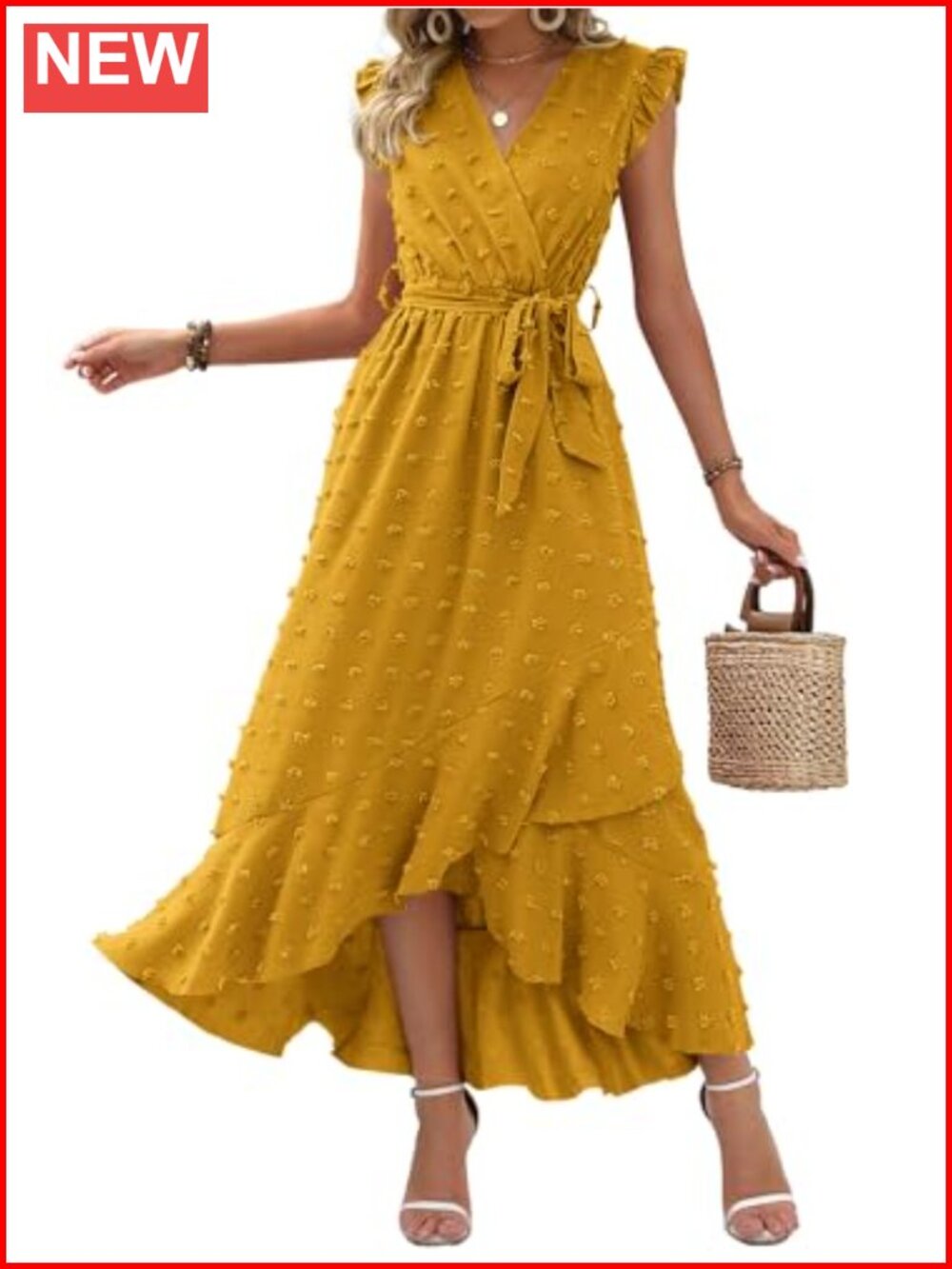 Swiss Dot Wedding Guest Dress Sleeveless Wrap V Neck Ruffle Cap Sleeve Maxi